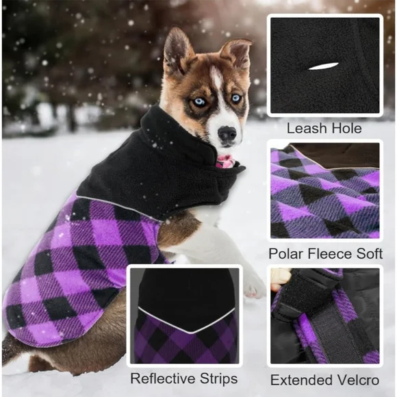 Fragralley Dog Purple Plaid Reversible Fall Winter Coat with Harness Hole Size L - Picture 9 of 9